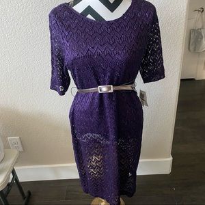 connected apparel || eggplant lace metallic sheath dress